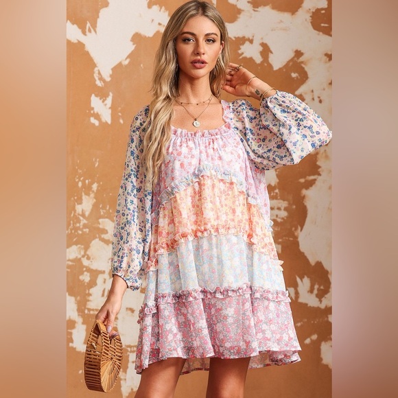 Floral Color Block Frill Trim Dress - Picture 5 of 5